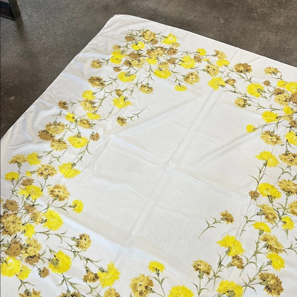 Vintage Floral Yellow & tan almost sq tablecloth  very soft & well loved, cotton